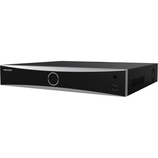 Zwarte Hikvision iDS-7732NXI-M4/X DeepinMind NVR met strak metalen design en voorpaneel met USB-poorten.