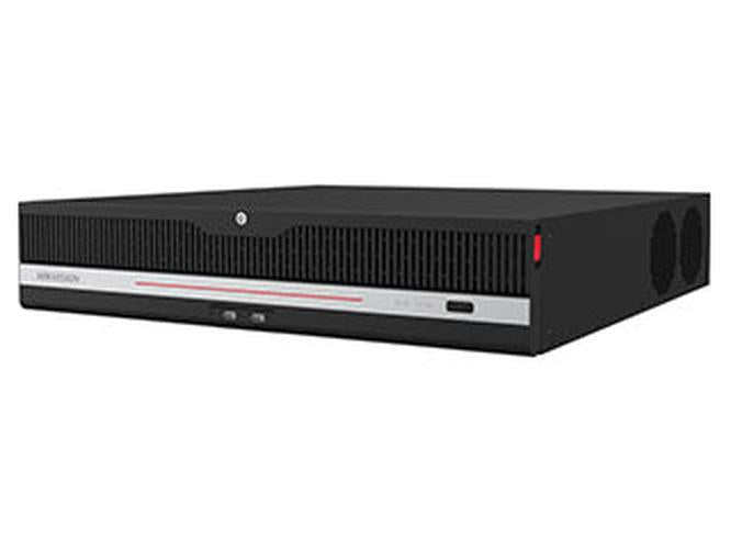 Zwarte Hikvision iDS-9632NXI-P8 32-kanaals enterprise NVR met strak metalen design en rode accentstrip.