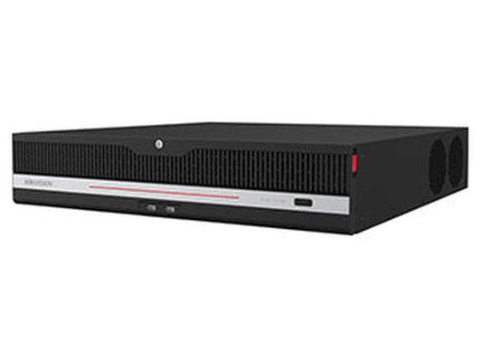 Zwarte Hikvision iDS-9632NXI-P8 32-kanaals enterprise NVR met strak metalen design en rode accentstrip.