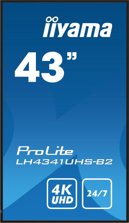 Iiyama ProLite 43 inch 4K UHD professioneel display met slanke zwarte randen voor 24/7 gebruik.