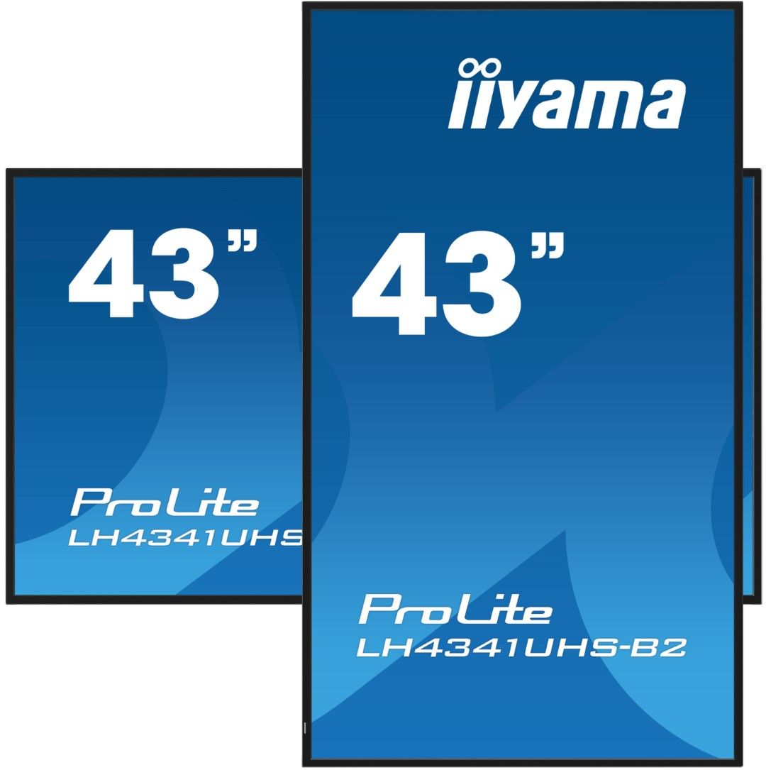 Iiyama ProLite 43 inch 4K UHD professioneel display met slanke zwarte randen voor landscape en portrait gebruik.