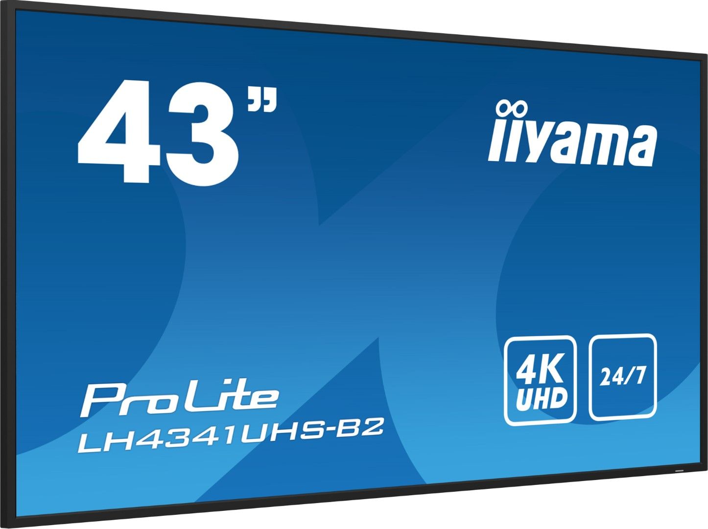 Iiyama ProLite 43 inch 4K UHD professioneel display met slanke zwarte rand voor 24/7 beveiligingssystemen.