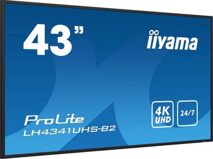 Iiyama ProLite 43 inch 4K UHD professioneel display met slanke zwarte rand voor 24/7 beveiligingssystemen.