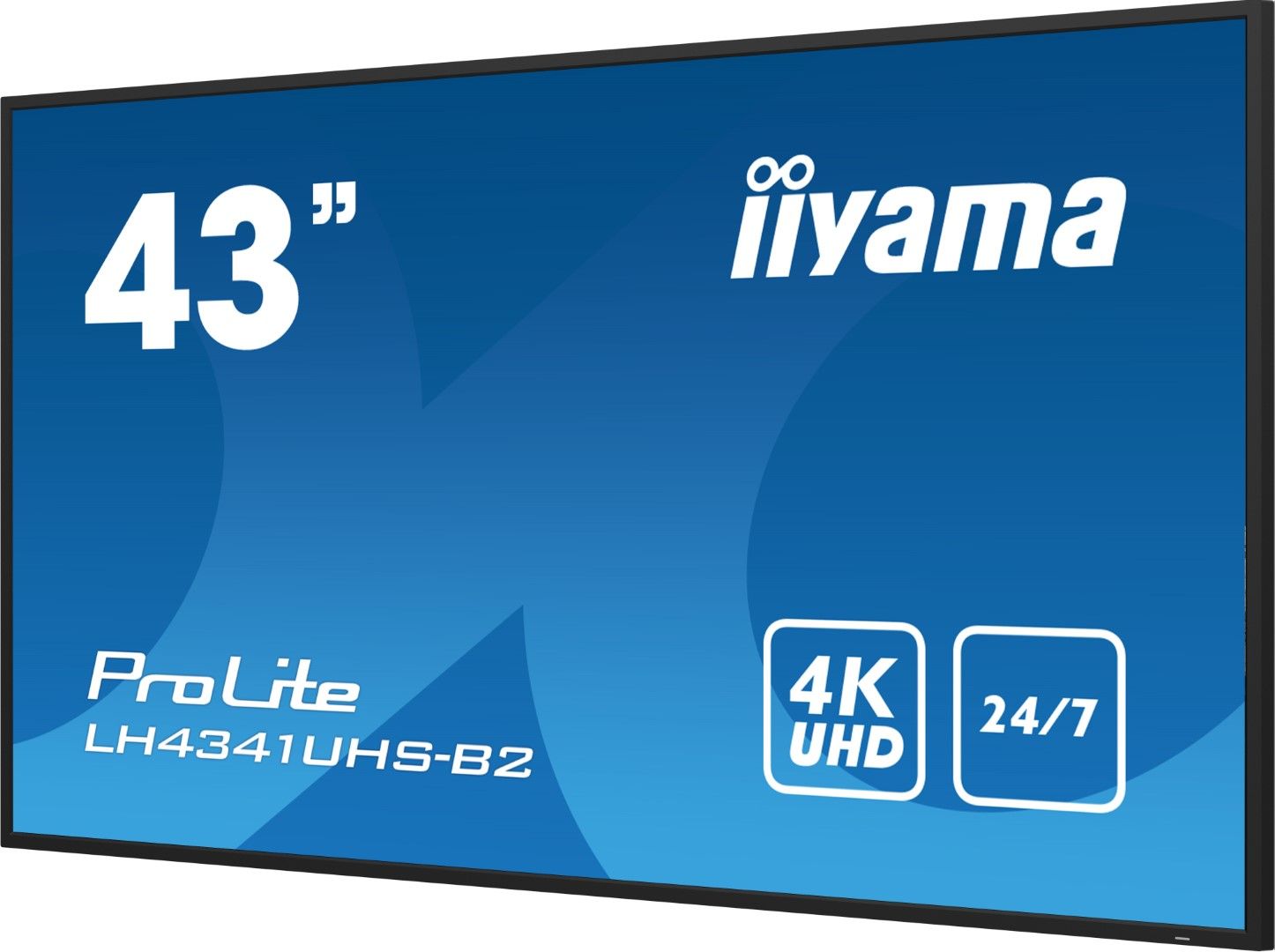 Iiyama ProLite 43 inch 4K UHD professioneel display met slanke zwarte rand voor 24/7 beveiligingsgebruik.