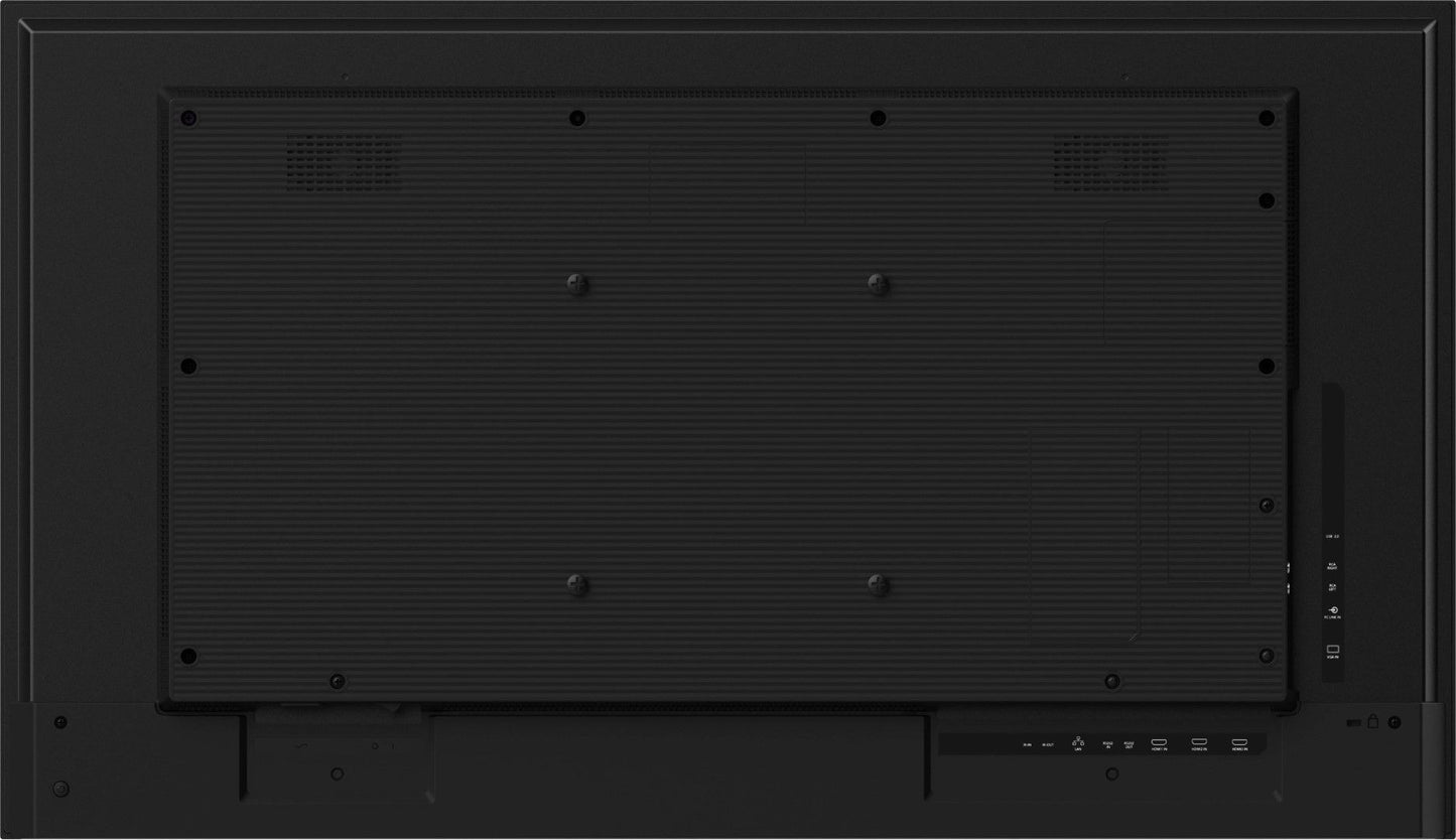 Zwarte achterkant van de 43 inch Iiyama ProLite 4K monitor met VESA-montagepunten en diverse aansluitingen.