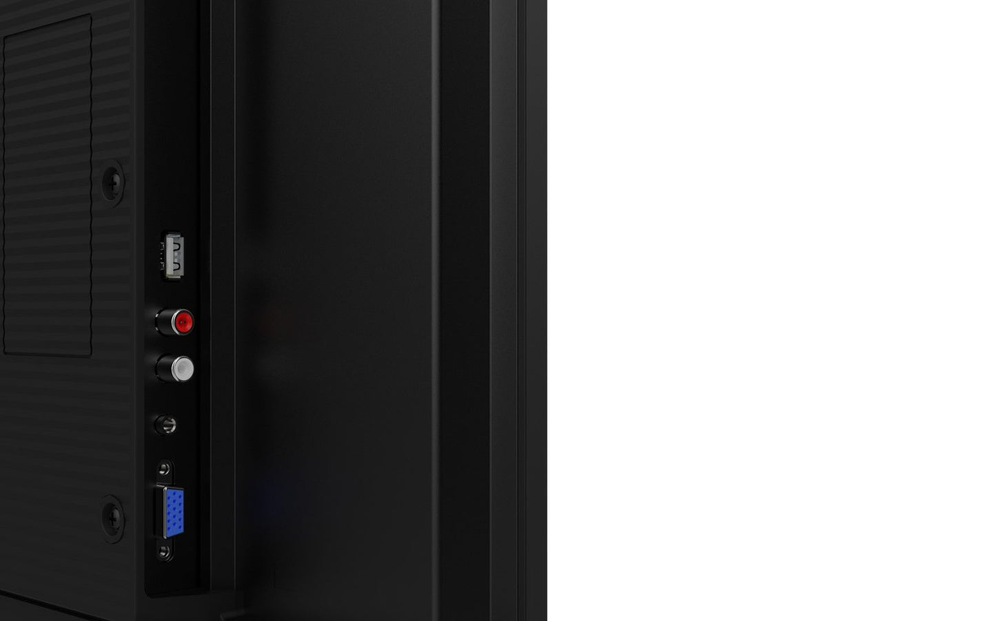 Zijaanzicht van de zwarte Iiyama ProLite 43 inch professionele monitor met zichtbare HDMI-, VGA- en audio-aansluitingen.