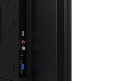 Zijaanzicht van de zwarte Iiyama ProLite 43 inch professionele monitor met zichtbare HDMI-, VGA- en audio-aansluitingen.