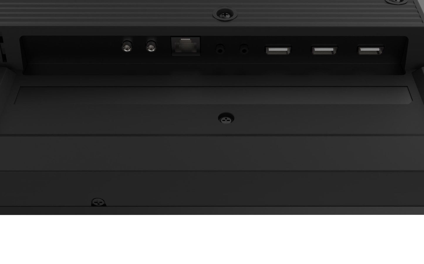 Zwarte achterkant van Iiyama 43 inch professioneel display met zichtbare aansluitpoorten voor HDMI, USB en netwerk.