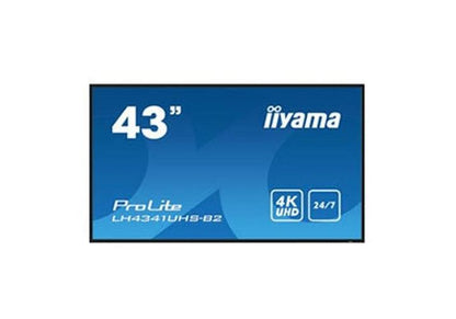 Iiyama ProLite 43 inch 4K UHD professioneel display met slanke zwarte randen voor 24/7 gebruik.