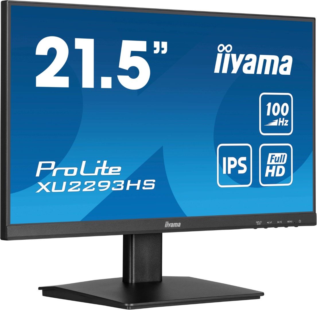Zwarte 21,5 inch Iiyama ProLite Full HD IPS-monitor met edge-to-edge design en slanke standaard.