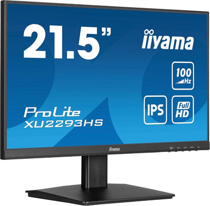 Zwarte 21,5 inch Iiyama ProLite Full HD IPS-monitor met edge-to-edge design en slanke standaard.