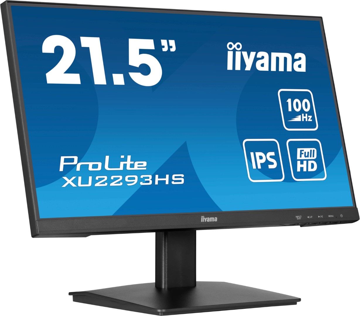 Zwarte 21,5 inch Iiyama ProLite Full HD IPS-monitor met edge-to-edge design en slanke standaard.