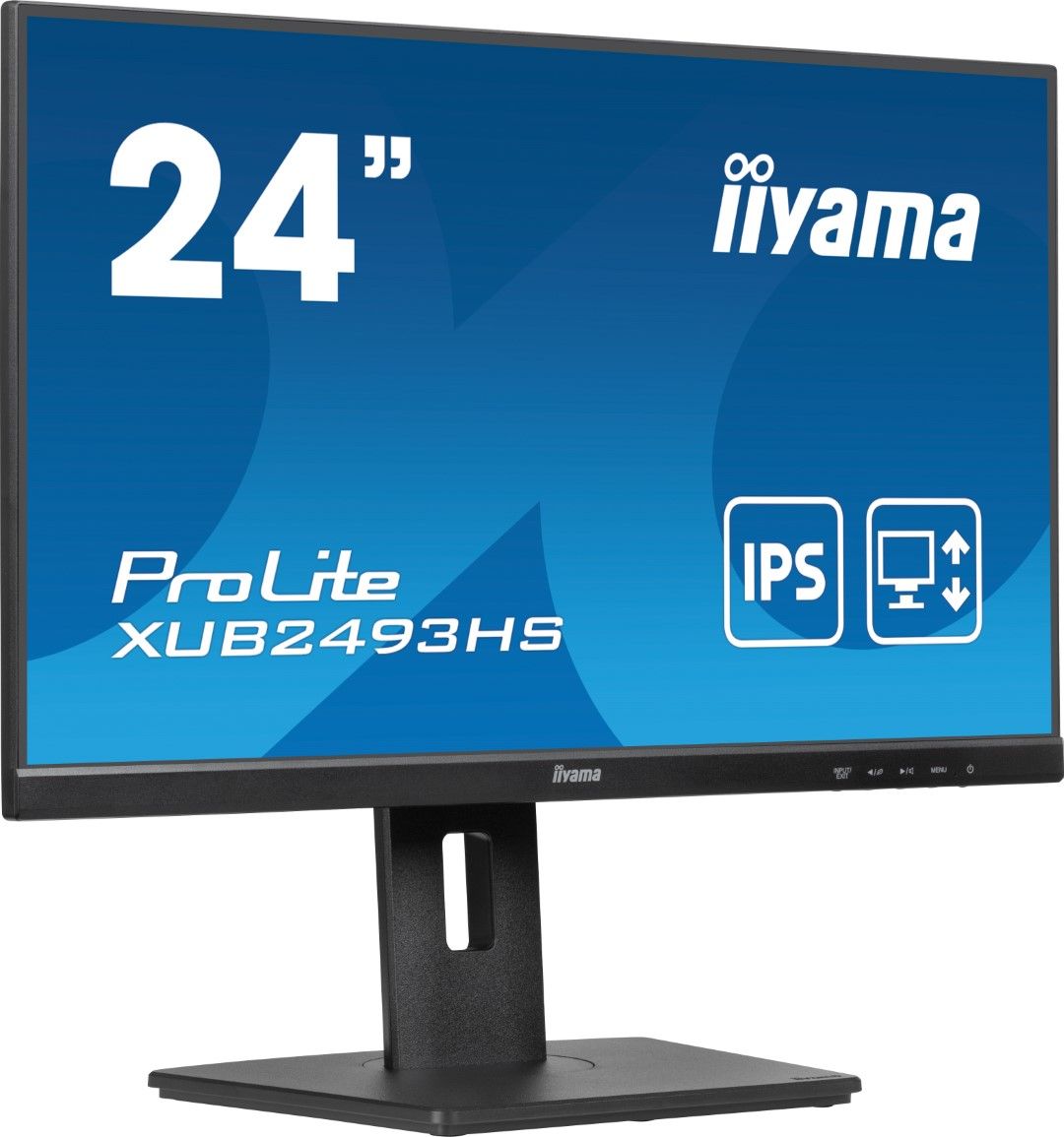 Zwarte 24 inch Iiyama ProLite IPS-monitor met edge-to-edge design en in hoogte verstelbare ergonomische voet.