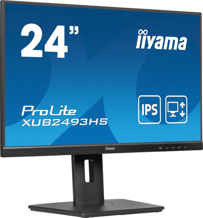 Zwarte 24 inch Iiyama ProLite IPS-monitor met edge-to-edge design en in hoogte verstelbare ergonomische voet.