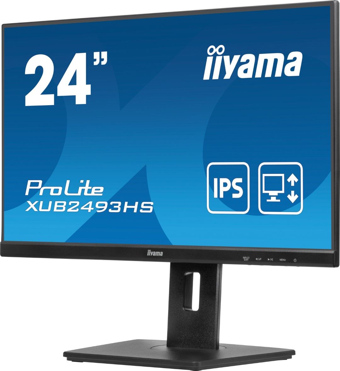 Zwarte 24 inch Iiyama ProLite IPS-monitor met edge-to-edge design en in hoogte verstelbare voet.
