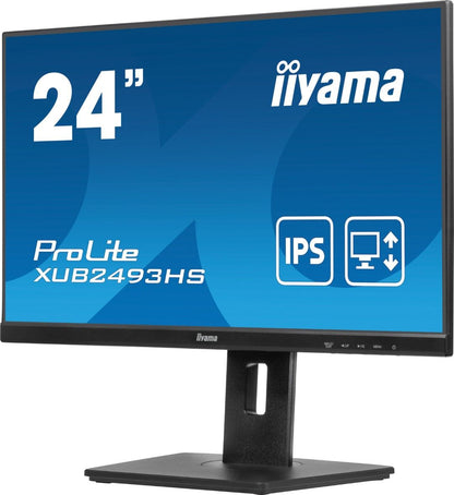 Zwarte 24 inch Iiyama ProLite IPS-monitor met edge-to-edge design en in hoogte verstelbare voet.