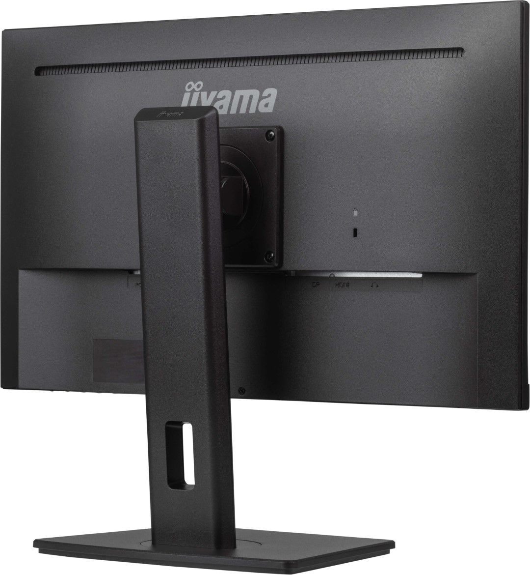 Zwarte 24 inch Iiyama ProLite monitor met in hoogte verstelbare voet en pivot-functie voor beveiligingssystemen.