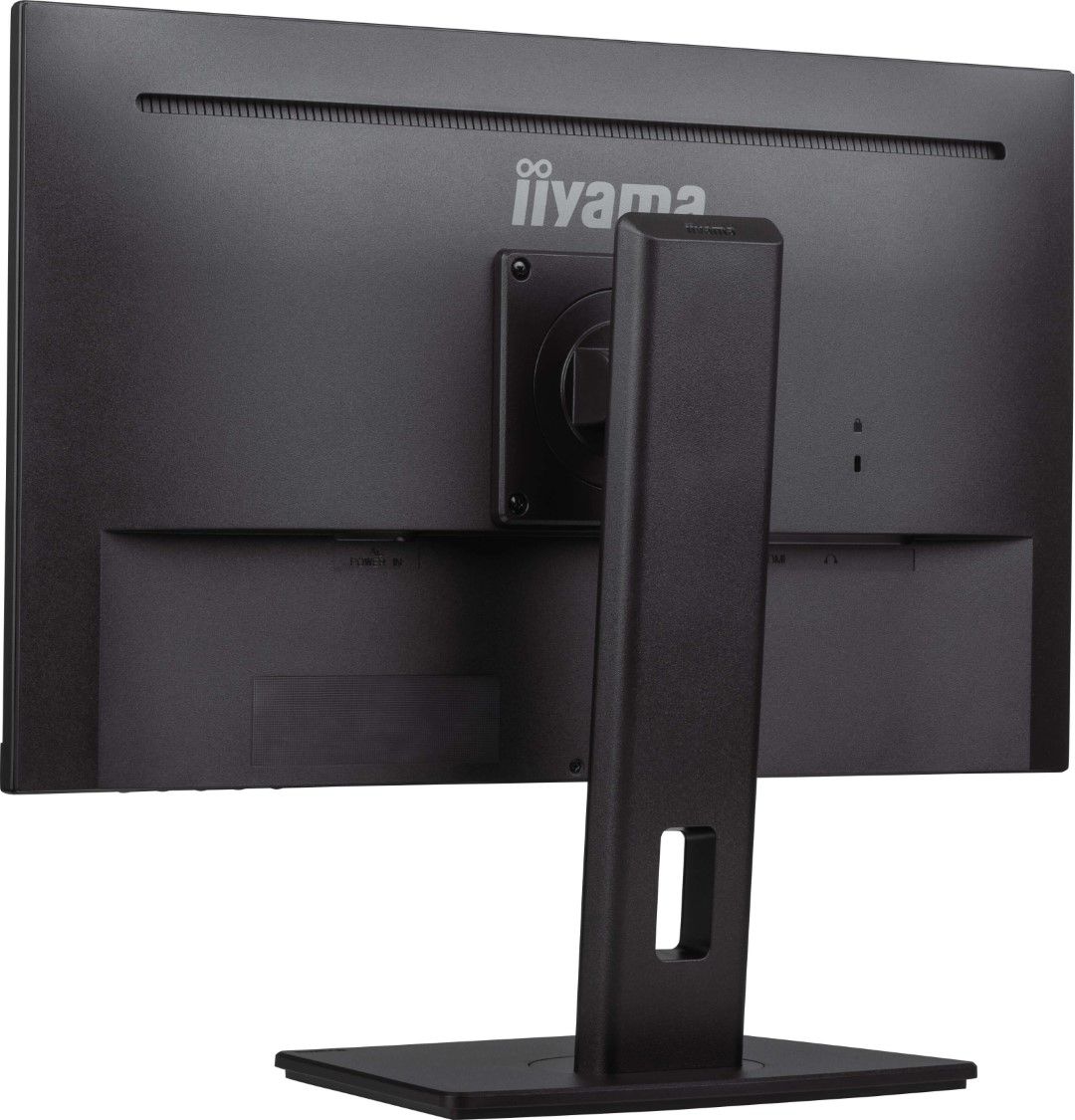 Zwarte 24 inch Iiyama ProLite monitor met in hoogte verstelbare voet en pivot-functie, achterkant aanzicht.