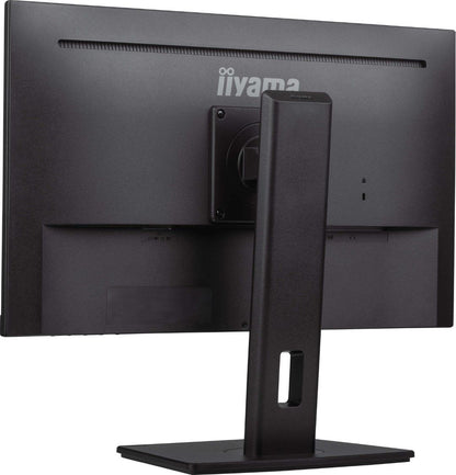 Zwarte 24 inch Iiyama ProLite monitor met in hoogte verstelbare voet en pivot-functie, achterkant aanzicht.