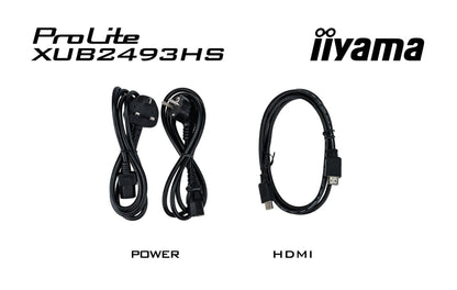 Zwarte stroomkabels en HDMI-kabel voor de Iiyama ProLite XUB2493HS-B6 monitor op een witte achtergrond.