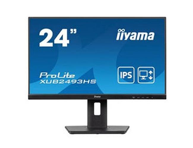 Zwarte 24 inch Iiyama ProLite IPS-monitor met edge-to-edge ontwerp en in hoogte verstelbare voet.