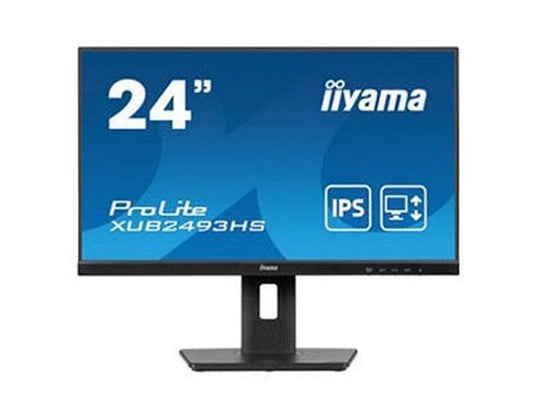 Zwarte 24 inch Iiyama ProLite IPS-monitor met edge-to-edge ontwerp en in hoogte verstelbare voet.