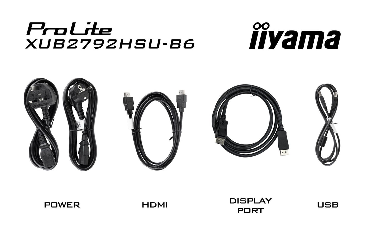 Meegeleverde zwarte stroom-, HDMI-, DisplayPort- en USB-kabels voor de Iiyama ProLite XUB2792HSU-B6 monitor.