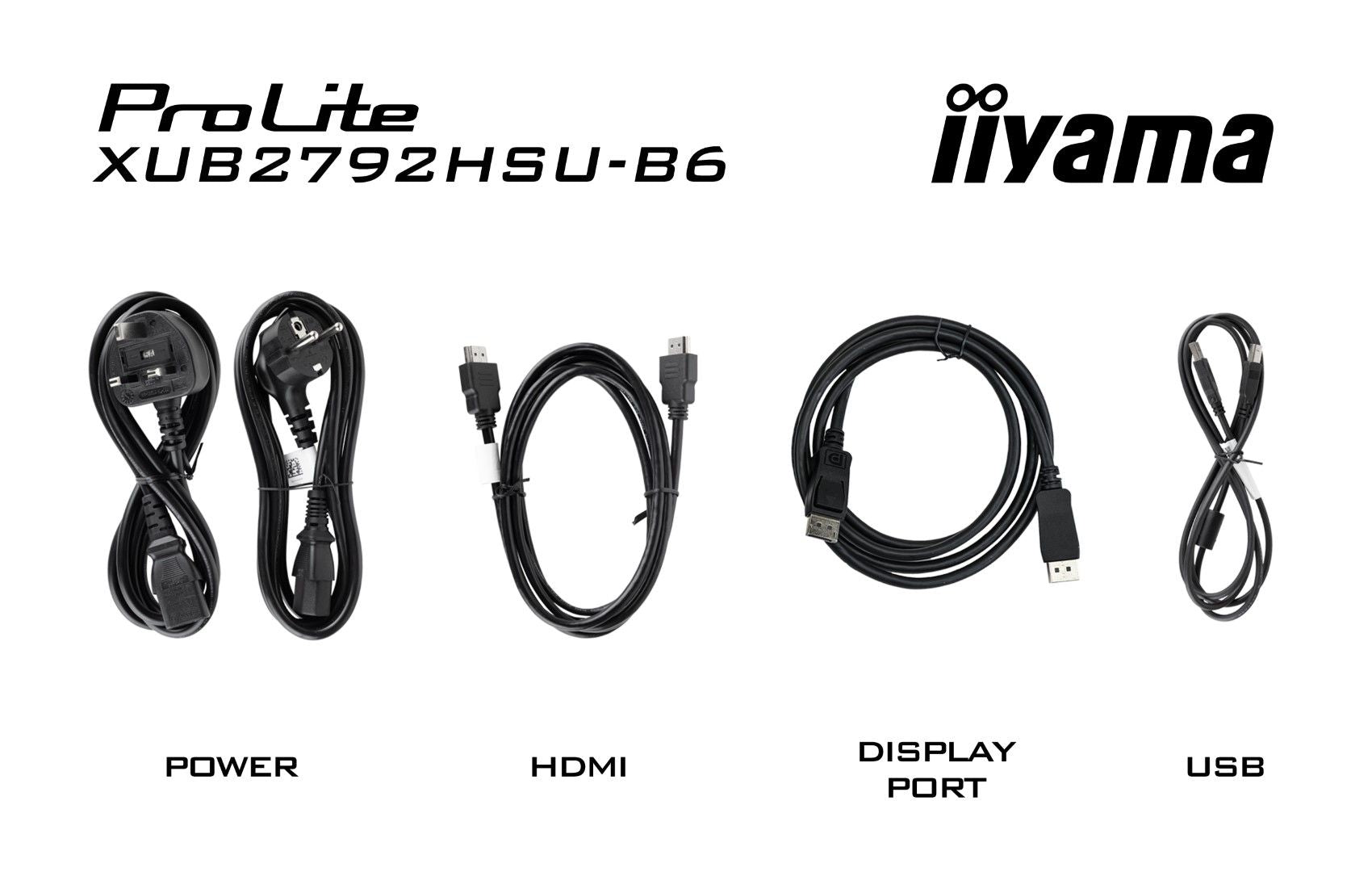 Meegeleverde zwarte stroom-, HDMI-, DisplayPort- en USB-kabels voor de Iiyama ProLite XUB2792HSU-B6 monitor.