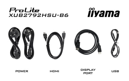 Meegeleverde zwarte stroom-, HDMI-, DisplayPort- en USB-kabels voor de Iiyama ProLite XUB2792HSU-B6 monitor.