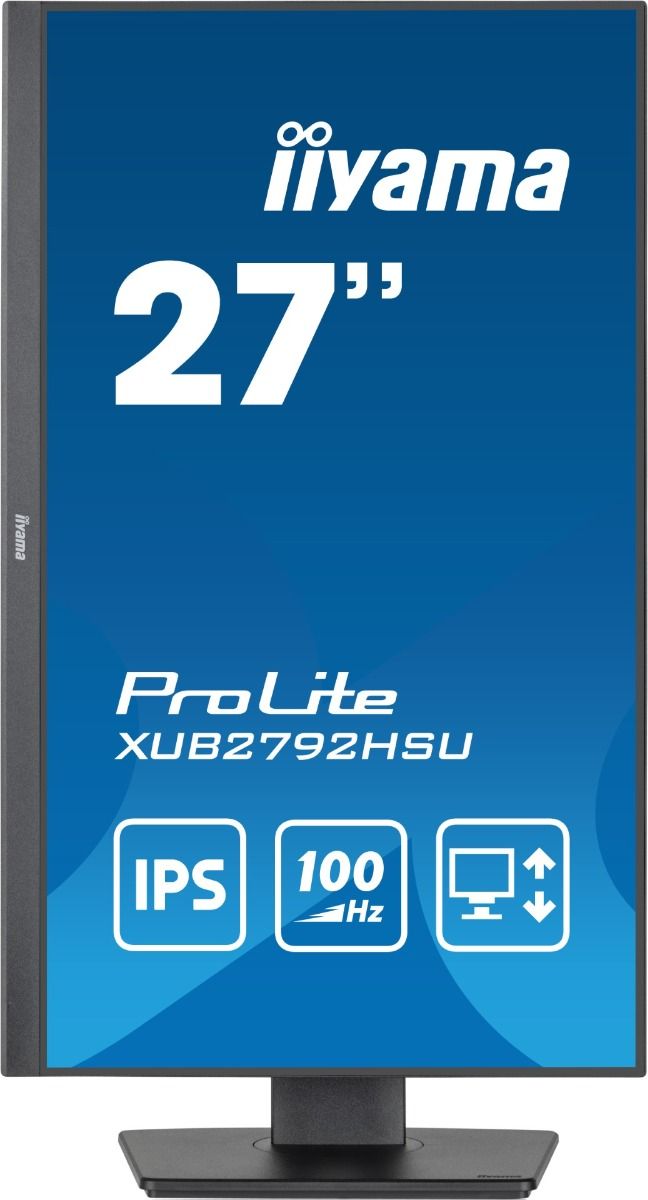 Zwarte 27 inch Iiyama ProLite IPS-monitor met edge-to-edge design, 100Hz verversingssnelheid en verstelbare voet.