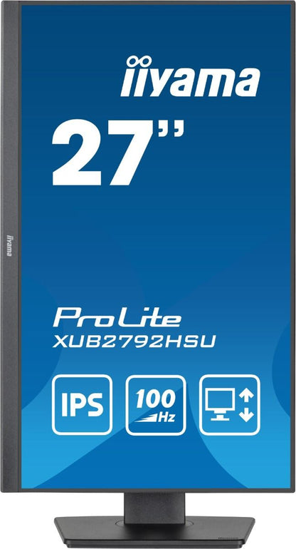 Zwarte 27 inch Iiyama ProLite IPS-monitor met edge-to-edge design, 100Hz verversingssnelheid en verstelbare voet.