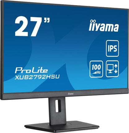 Zwarte 27 inch Iiyama ProLite monitor met edge-to-edge design, IPS-paneel en verstelbare ergonomische voet.