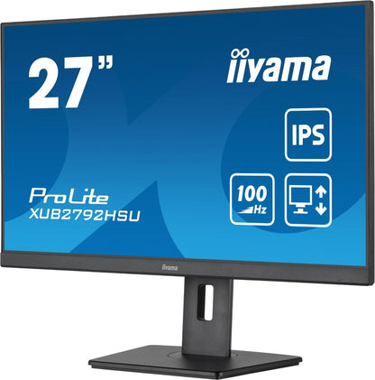 Zwarte 27 inch Iiyama ProLite monitor met edge-to-edge design, IPS-paneel en verstelbare ergonomische voet.