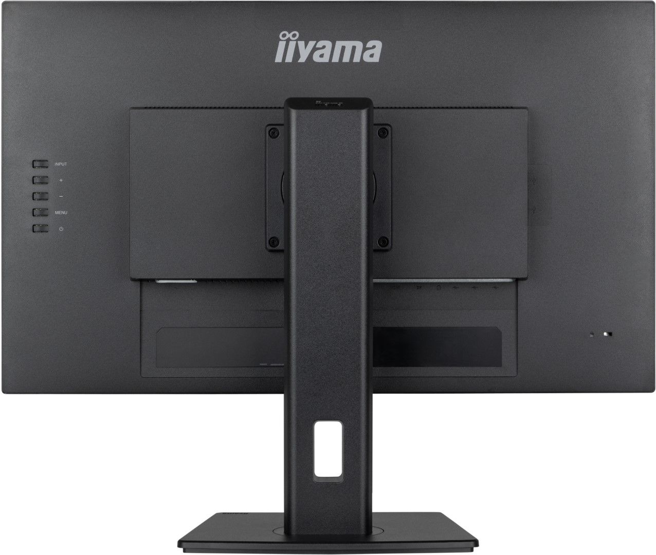 Achterkant van de zwarte Iiyama ProLite 27 inch monitor met ergonomische voet en aansluitingen.
