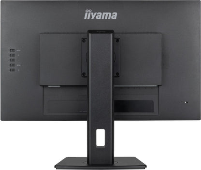 Achterkant van de zwarte Iiyama ProLite 27 inch monitor met ergonomische voet en aansluitingen.