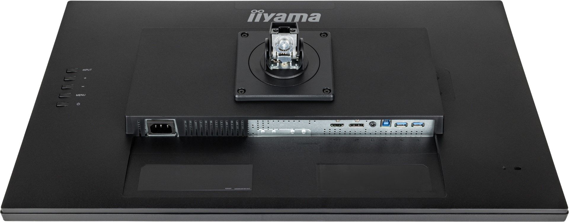 Zwarte achterkant van 27 inch Iiyama monitor met VESA-bevestiging, HDMI, DisplayPort en USB-poorten.