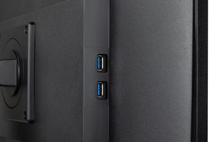 Zwarte achterkant van Iiyama monitor met twee USB-poorten en VESA-bevestigingspunt voor ergonomische voet.