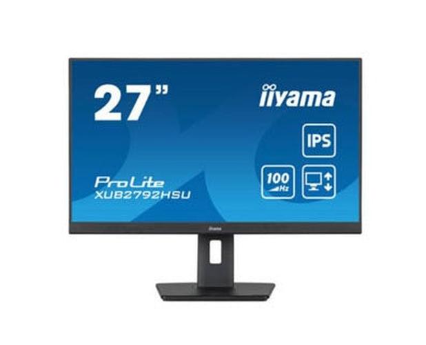 Zwarte 27 inch Iiyama ProLite monitor met edge-to-edge IPS-scherm en ergonomische in hoogte verstelbare voet.
