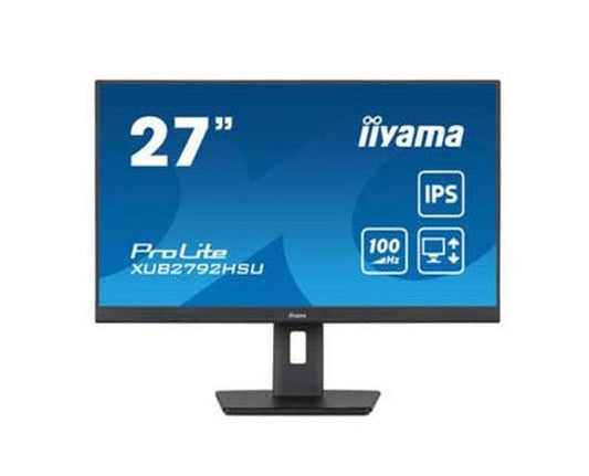 Zwarte 27 inch Iiyama ProLite monitor met edge-to-edge IPS-scherm en ergonomische in hoogte verstelbare voet.