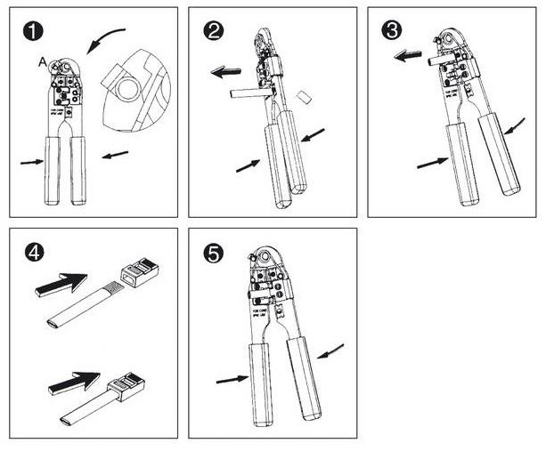 Stappenplan voor het gebruik van een metalen RJ45 krimptang voor het strippen, knippen en monteren van netwerkkabels.