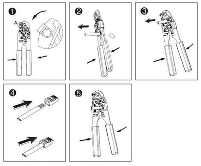 Stappenplan voor het gebruik van een metalen RJ45 krimptang voor het strippen, knippen en monteren van netwerkkabels.