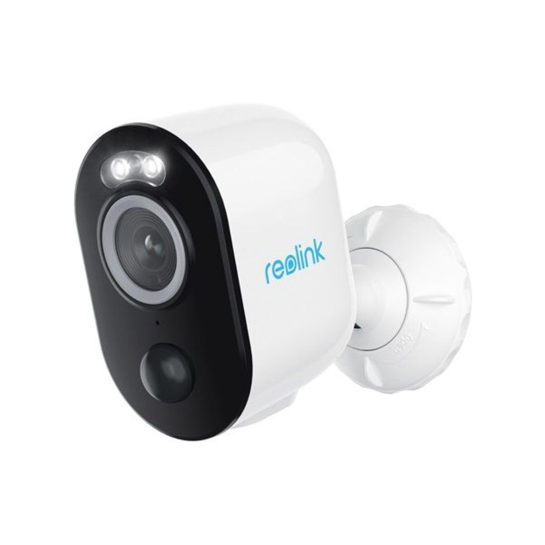 Witte Reolink Argus B330 5MP draadloze buitencamera met spotlight en zwart frontpaneel op een wandhouder.