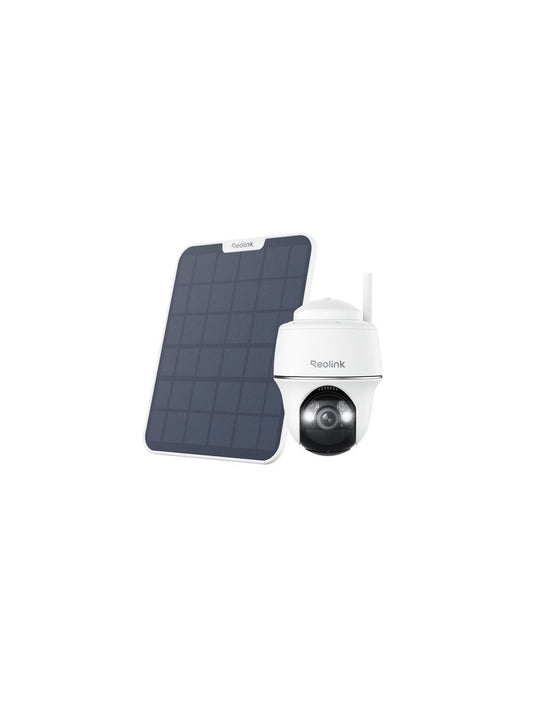Witte Reolink Argus B430 PTZ-beveiligingscamera met draadloos zonnepaneel voor buiten.
