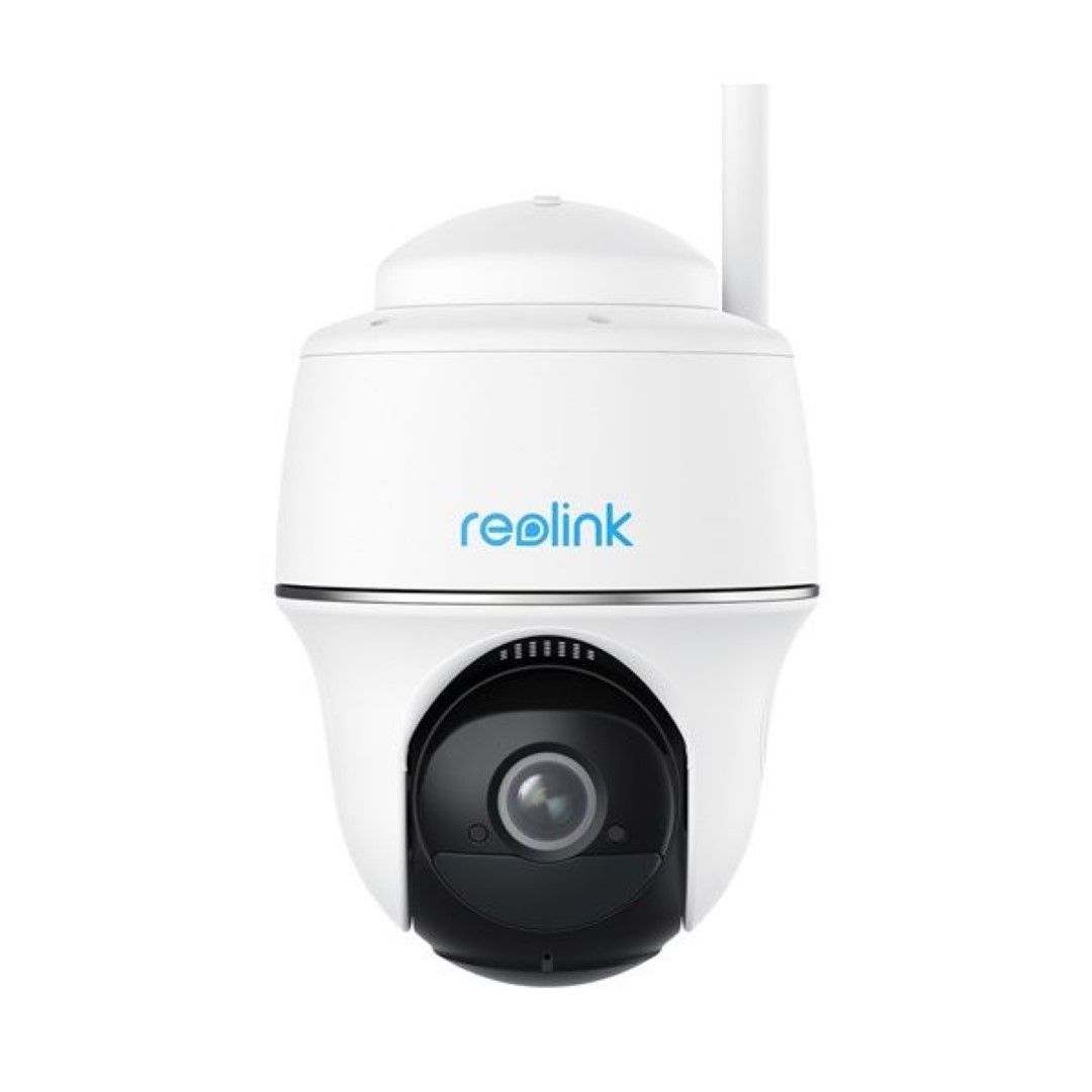 Witte Reolink Argus B430 draadloze 5MP PTZ-buitencamera met zwarte lens en antenne op een witte achtergrond.