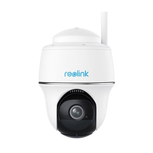 Witte Reolink Argus B430 draadloze 5MP PTZ-buitencamera met zwarte lens en antenne op een witte achtergrond.