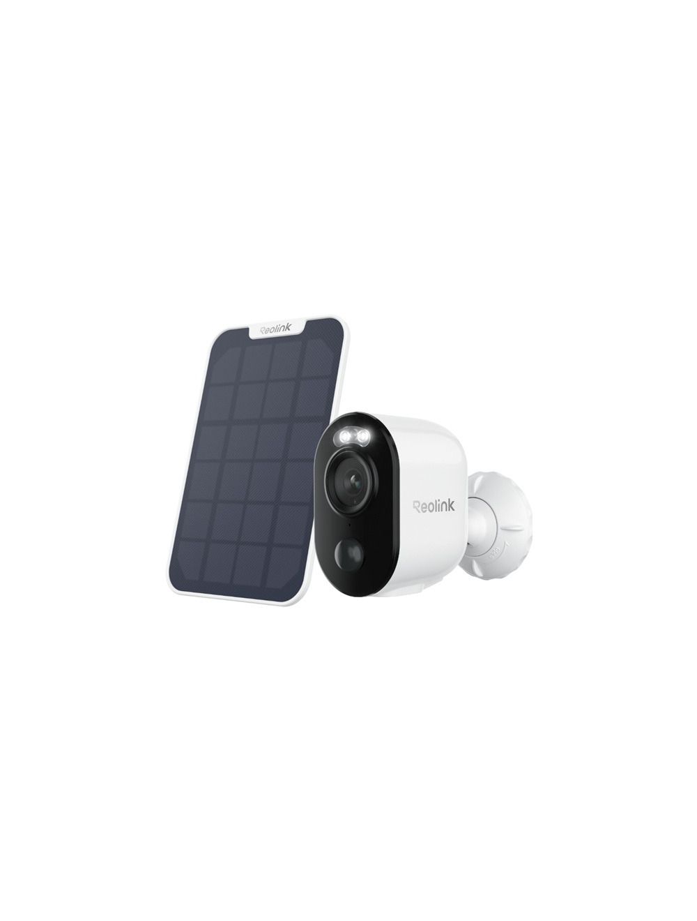 Witte Reolink B310 draadloze buitencamera met zonnepaneel, voorzien van dubbele spotlights en AI-detectie.