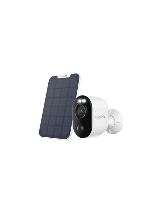 Witte Reolink B310 draadloze buitencamera met zonnepaneel, voorzien van dubbele spotlights en AI-detectie.