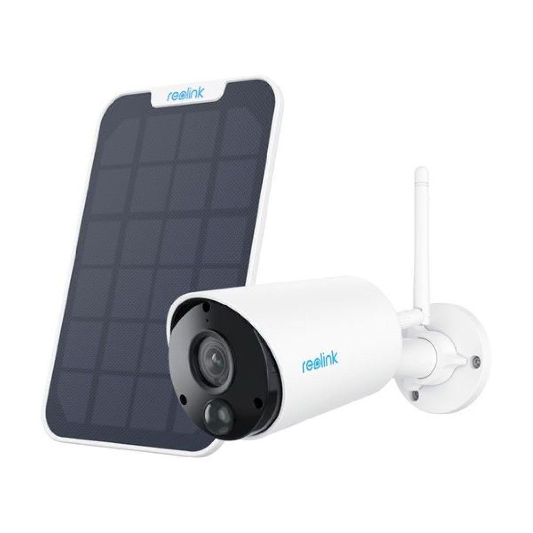 Witte Reolink B320 draadloze bullet beveiligingscamera met zonnepaneel voor buiten.