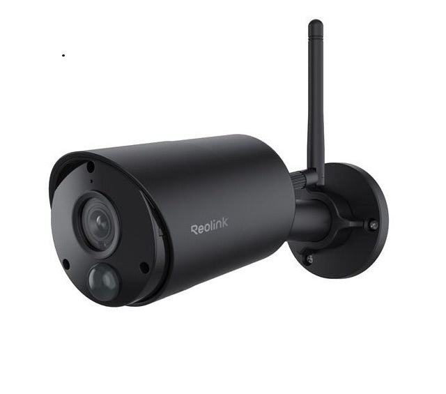 Zwarte Reolink B320 draadloze bullet buitencamera met WiFi-antenne en AI-detectie voor gevelmontage.