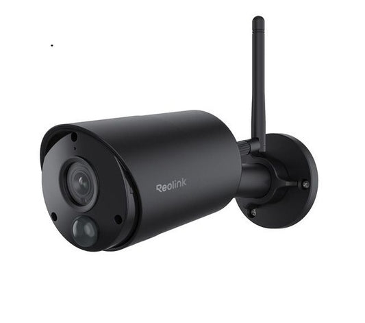 Zwarte Reolink B320 draadloze bullet buitencamera met WiFi-antenne en AI-detectie voor gevelmontage.